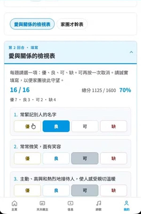 步驟 13：逐項選擇「優、良、可、缺」